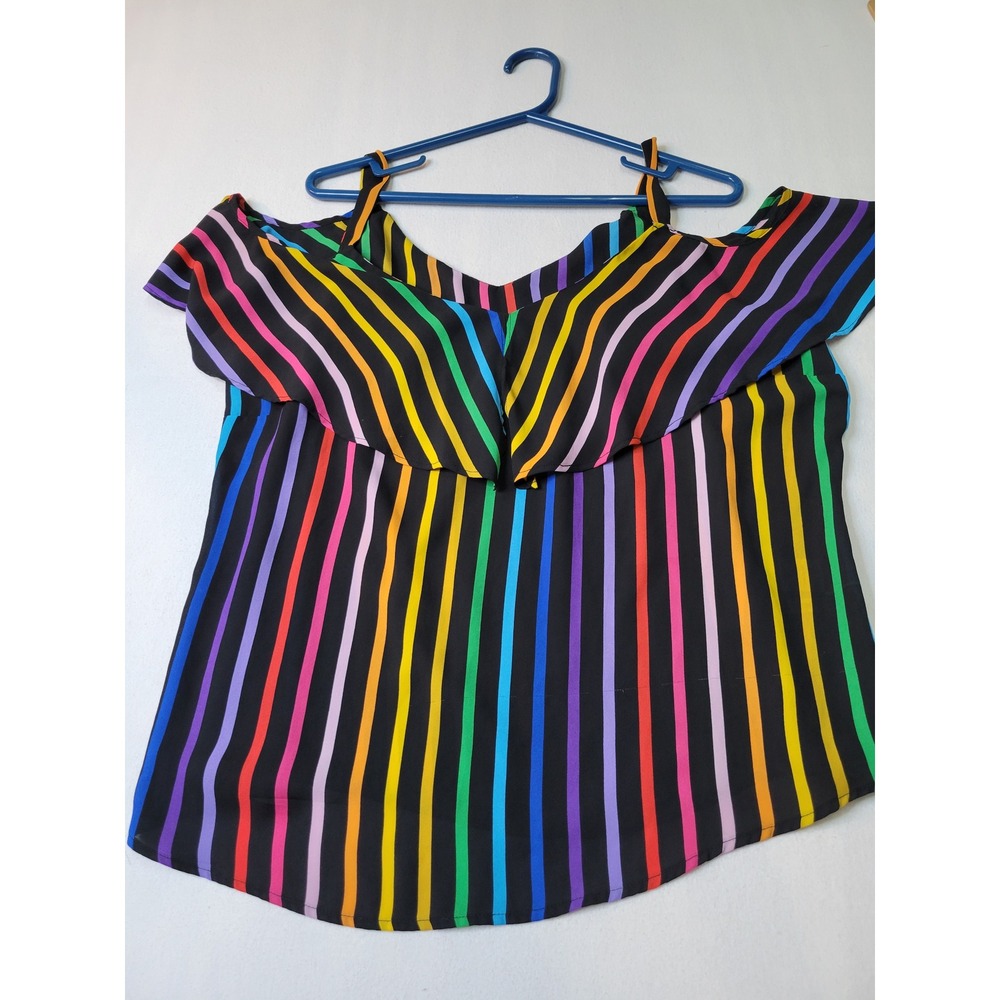 7th Avenue New York & Company Rainbow Stripe Cold Shoulder Ruffle Top XL 2228